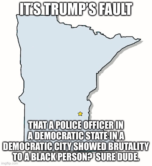 Minnesota Outline | IT’S TRUMP’S FAULT THAT A POLICE OFFICER IN A DEMOCRATIC STATE IN A DEMOCRATIC CITY SHOWED BRUTALITY TO A BLACK PERSON?  SURE DUDE. | image tagged in minnesota outline | made w/ Imgflip meme maker