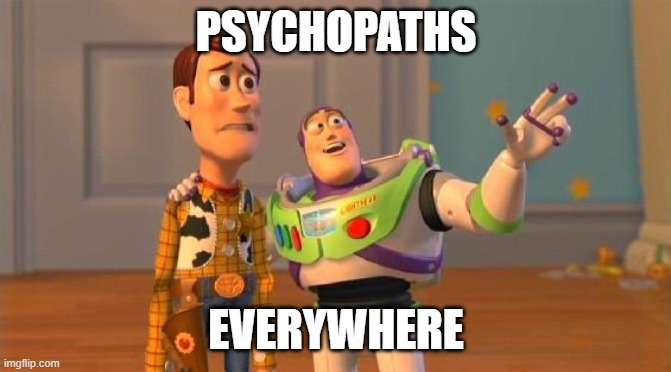 TOYSTORY EVERYWHERE |  PSYCHOPATHS; EVERYWHERE | image tagged in toystory everywhere | made w/ Imgflip meme maker