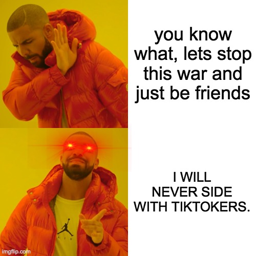 Drake Hotline Bling | you know what, lets stop this war and just be friends; I WILL NEVER SIDE WITH TIKTOKERS. | image tagged in memes,drake hotline bling | made w/ Imgflip meme maker