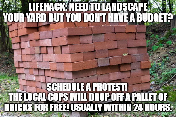 It's true! | LIFEHACK: NEED TO LANDSCAPE YOUR YARD BUT YOU DON'T HAVE A BUDGET? SCHEDULE A PROTEST! 
THE LOCAL COPS WILL DROP OFF A PALLET OF BRICKS FOR FREE! USUALLY WITHIN 24 HOURS. | made w/ Imgflip meme maker