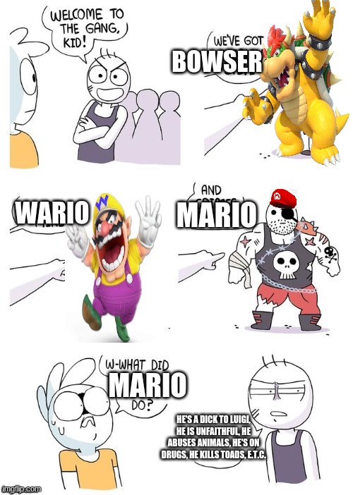 Mushroom Kingdom's biggest threats | BOWSER; MARIO; WARIO; MARIO; HE'S A DICK TO LUIGI, HE IS UNFAITHFUL, HE ABUSES ANIMALS, HE'S ON DRUGS, HE KILLS TOADS, E.T.C. | image tagged in crimes johnson | made w/ Imgflip meme maker