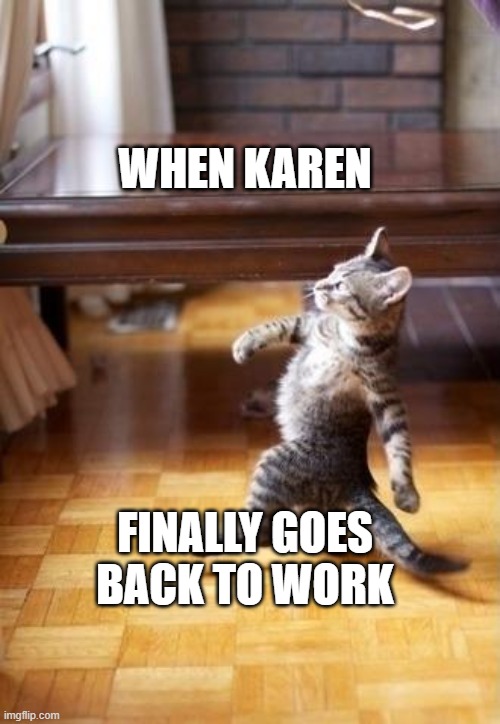 Cool Cat Stroll | WHEN KAREN; FINALLY GOES BACK TO WORK | image tagged in memes,cool cat stroll | made w/ Imgflip meme maker