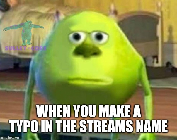 Monsters Inc | WHEN YOU MAKE A TYPO IN THE STREAMS NAME | image tagged in monsters inc | made w/ Imgflip meme maker