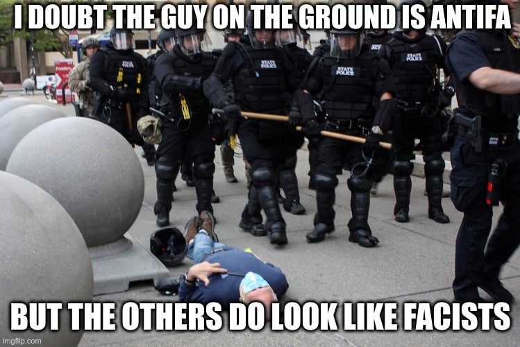 Just sayin' | I DOUBT THE GUY ON THE GROUND IS ANTIFA; BUT THE OTHERS DO LOOK LIKE FACISTS | image tagged in police brutality,dark humor,blm,trump,antifa,facism | made w/ Imgflip meme maker