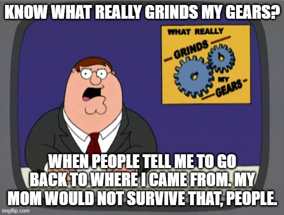 What grinds my gears | KNOW WHAT REALLY GRINDS MY GEARS? WHEN PEOPLE TELL ME TO GO BACK TO WHERE I CAME FROM. MY MOM WOULD NOT SURVIVE THAT, PEOPLE. | image tagged in memes,peter griffin news | made w/ Imgflip meme maker