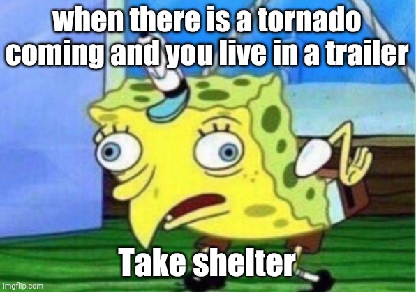 Mocking Spongebob Meme | when there is a tornado coming and you live in a trailer; Take shelter | image tagged in memes,mocking spongebob | made w/ Imgflip meme maker