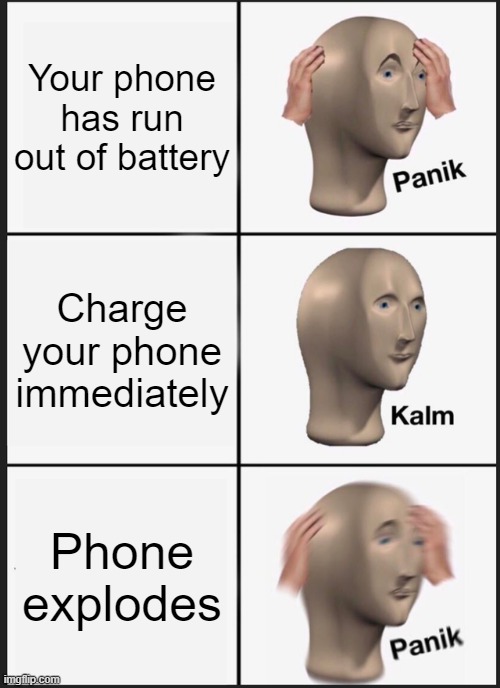 Phone | Your phone has run out of battery; Charge your phone immediately; Phone explodes | image tagged in memes,panik kalm panik | made w/ Imgflip meme maker