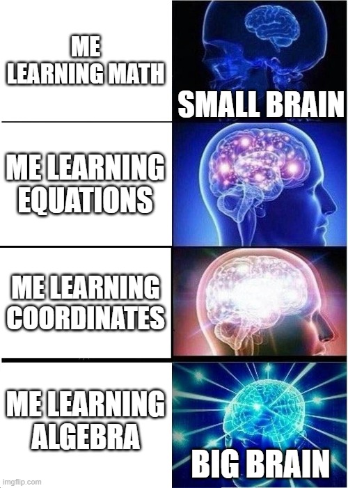 Expanding Brain Meme | ME LEARNING MATH; SMALL BRAIN; ME LEARNING EQUATIONS; ME LEARNING COORDINATES; ME LEARNING ALGEBRA; BIG BRAIN | image tagged in memes,expanding brain | made w/ Imgflip meme maker