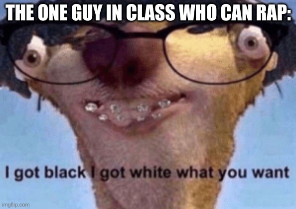 I got black I got white what ya want | THE ONE GUY IN CLASS WHO CAN RAP: | image tagged in i got black i got white what ya want | made w/ Imgflip meme maker