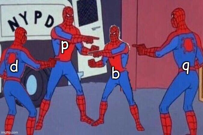 Multiple spiderman | p; q; b; d | image tagged in multiple spiderman | made w/ Imgflip meme maker