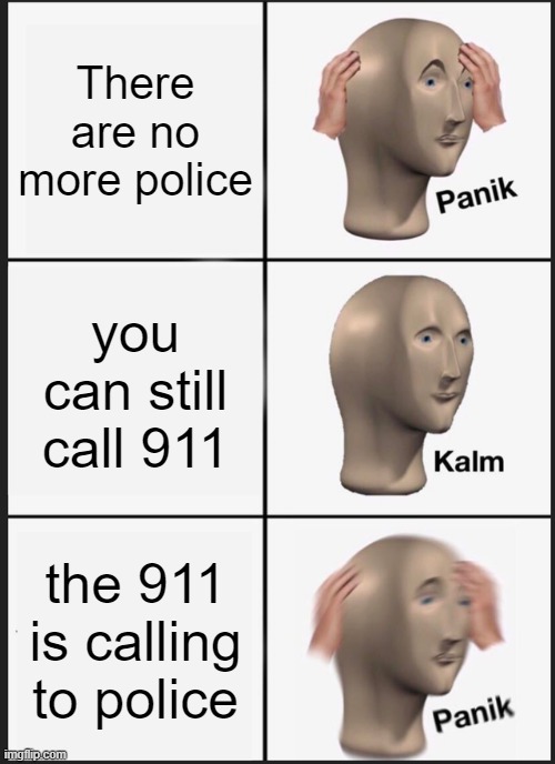 Defund your protection | There are no more police; you can still call 911; the 911 is calling to police | image tagged in memes,panik kalm panik | made w/ Imgflip meme maker