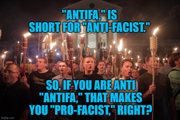 So's Your Anti | "ANTIFA," IS SHORT FOR "ANTI-FACIST."; SO, IF YOU ARE ANTI "ANTIFA," THAT MAKES YOU "PRO-FACIST," RIGHT? | image tagged in politics | made w/ Imgflip meme maker