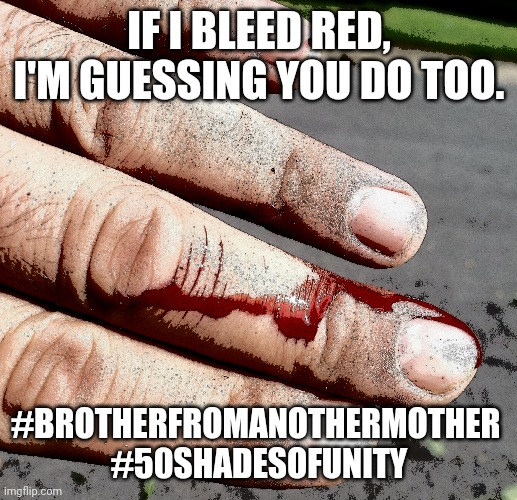 IF I BLEED RED, I'M GUESSING YOU DO TOO. #BROTHERFROMANOTHERMOTHER 
#50SHADESOFUNITY | image tagged in humanity,unity | made w/ Imgflip meme maker