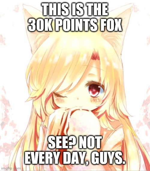 Fox girl | THIS IS THE 30K POINTS FOX; SEE? NOT EVERY DAY, GUYS. | image tagged in fox girl | made w/ Imgflip meme maker