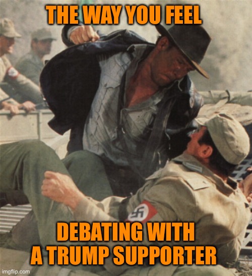 Indiana Jones Punching Nazis | THE WAY YOU FEEL DEBATING WITH A TRUMP SUPPORTER | image tagged in indiana jones punching nazis | made w/ Imgflip meme maker