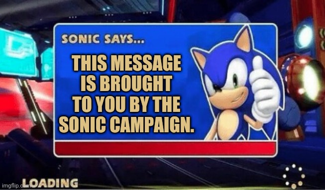 Sonic Says | THIS MESSAGE IS BROUGHT TO YOU BY THE SONIC CAMPAIGN. | image tagged in sonic says | made w/ Imgflip meme maker