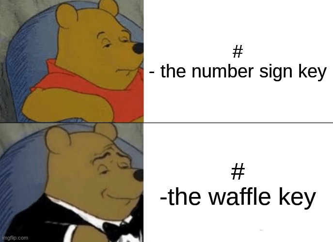 is this(#) the number sign key or the waffle key? | #
- the number sign key; #
-the waffle key | image tagged in memes,tuxedo winnie the pooh | made w/ Imgflip meme maker