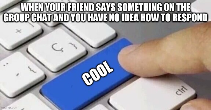Relatable | WHEN YOUR FRIEND SAYS SOMETHING ON THE GROUP CHAT AND YOU HAVE NO IDEA HOW TO RESPOND; COOL | image tagged in group chats,memes | made w/ Imgflip meme maker