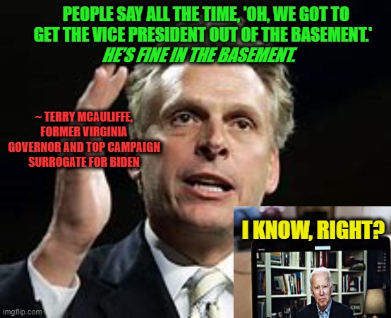 Let Joe Be Joe | PEOPLE SAY ALL THE TIME, 'OH, WE GOT TO GET THE VICE PRESIDENT OUT OF THE BASEMENT.'; HE’S FINE IN THE BASEMENT. ~ TERRY MCAULIFFE, FORMER VIRGINIA GOVERNOR AND TOP CAMPAIGN SURROGATE FOR BIDEN; I KNOW, RIGHT? | image tagged in terry mcauliffe,joe biden,election 2020,joe's bunker | made w/ Imgflip meme maker