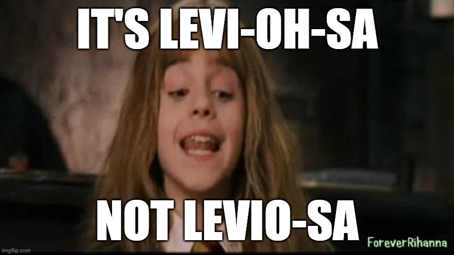 hermione | IT'S LEVI-OH-SA NOT LEVIO-SA | image tagged in hermione | made w/ Imgflip meme maker