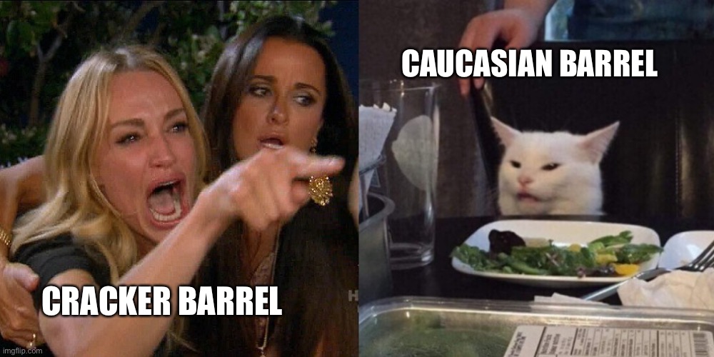 Woman yelling at cat | CAUCASIAN BARREL; CRACKER BARREL | image tagged in woman yelling at cat | made w/ Imgflip meme maker
