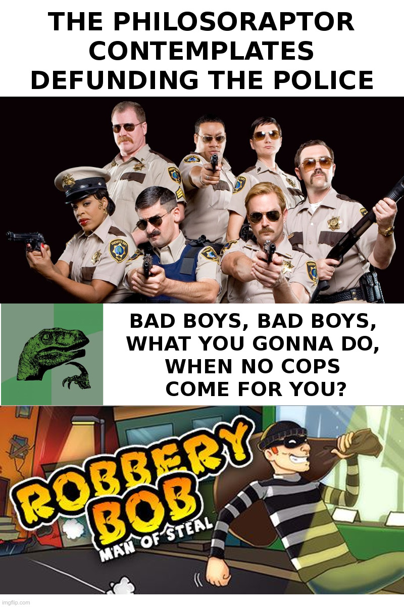 The Philosoraptor Contemplates Defunding The Police | image tagged in philosoraptor,defund,police,reno 911,robbery,special kind of stupid | made w/ Imgflip meme maker
