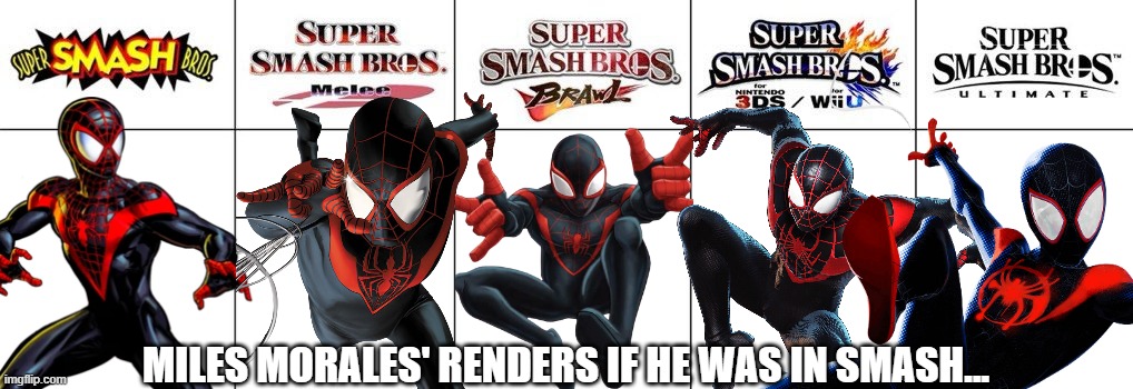 This was hard because he was introduced in 2011 soooo..... | MILES MORALES' RENDERS IF HE WAS IN SMASH... | image tagged in smash bros renders,super smash bros,spider-man,marvel,marvel comics | made w/ Imgflip meme maker