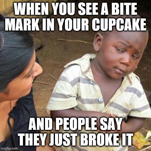 Third World Skeptical Kid Meme | WHEN YOU SEE A BITE MARK IN YOUR CUPCAKE; AND PEOPLE SAY THEY JUST BROKE IT | image tagged in memes,third world skeptical kid | made w/ Imgflip meme maker