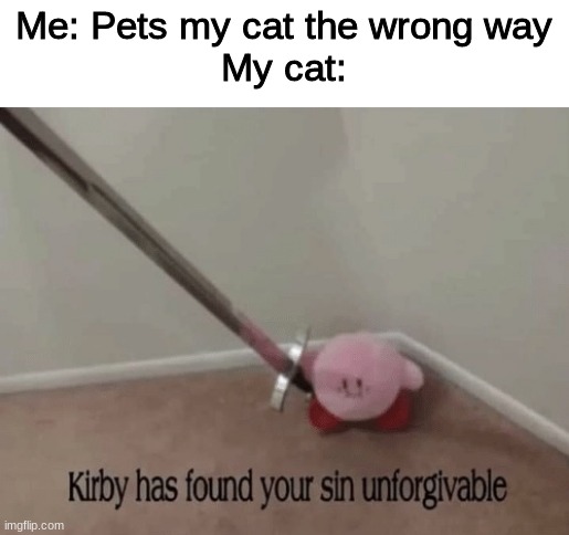 Just about anyone with a cat should be able to relate to this | Me: Pets my cat the wrong way
My cat: | image tagged in kirby has found your sin unforgivable | made w/ Imgflip meme maker