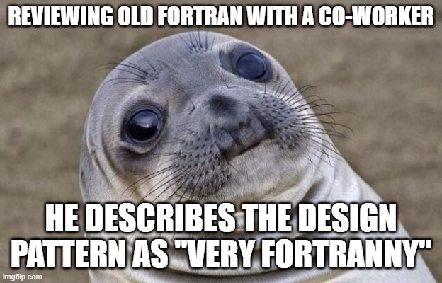 Awkward Seal | REVIEWING OLD FORTRAN WITH A CO-WORKER; HE DESCRIBES THE DESIGN PATTERN AS "VERY FORTRANNY" | image tagged in awkward seal,ProgrammerHumor | made w/ Imgflip meme maker