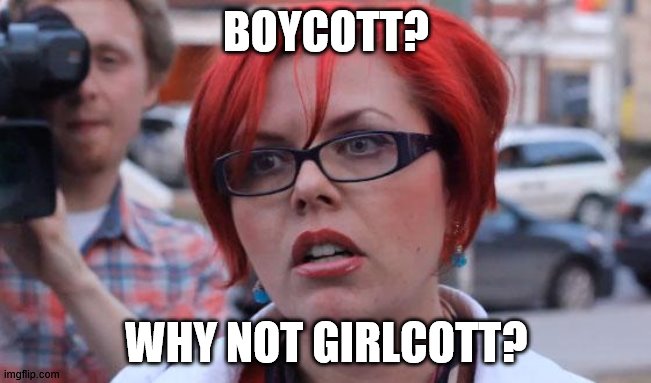 Angry Feminist | BOYCOTT? WHY NOT GIRLCOTT? | image tagged in angry feminist | made w/ Imgflip meme maker