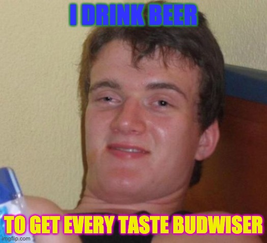 alcohol high | I DRINK BEER; TO GET EVERY TASTE BUDWISER | image tagged in memes,10 guy,budweiser,beer | made w/ Imgflip meme maker