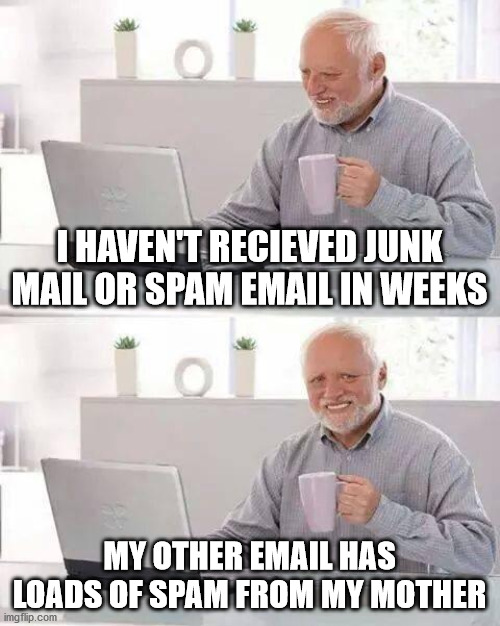 First World Mail Problems | I HAVEN'T RECIEVED JUNK MAIL OR SPAM EMAIL IN WEEKS; MY OTHER EMAIL HAS LOADS OF SPAM FROM MY MOTHER | image tagged in memes,hide the pain harold | made w/ Imgflip meme maker