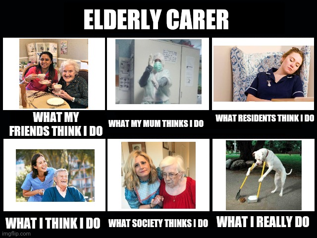 What my friends think I do | ELDERLY CARER; WHAT RESIDENTS THINK I DO; WHAT MY FRIENDS THINK I DO; WHAT MY MUM THINKS I DO; WHAT I REALLY DO; WHAT I THINK I DO; WHAT SOCIETY THINKS I DO | image tagged in what my friends think i do | made w/ Imgflip meme maker