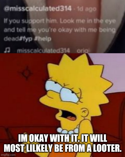 IM OKAY WITH IT. IT WILL MOST LILKELY BE FROM A LOOTER. | image tagged in meh | made w/ Imgflip meme maker