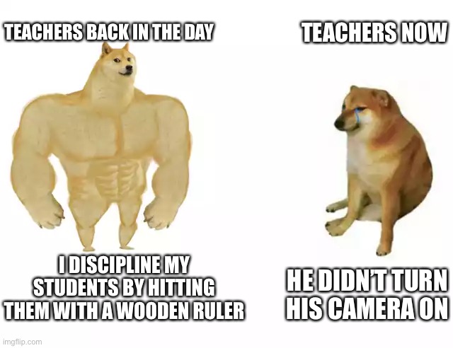 Changes | TEACHERS NOW; TEACHERS BACK IN THE DAY; I DISCIPLINE MY STUDENTS BY HITTING THEM WITH A WOODEN RULER; HE DIDN’T TURN HIS CAMERA ON | image tagged in buff doge vs cheems,memes | made w/ Imgflip meme maker