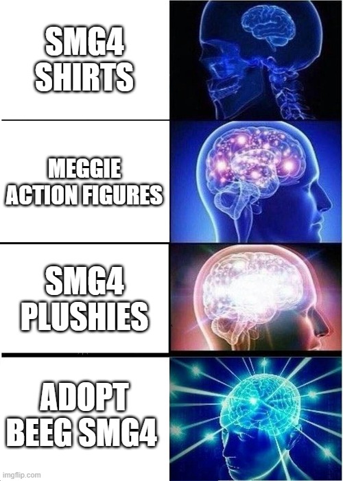 Extra Question: What's Your order of merch? | SMG4 SHIRTS; MEGGIE ACTION FIGURES; SMG4 PLUSHIES; ADOPT BEEG SMG4 | image tagged in memes,expanding brain | made w/ Imgflip meme maker