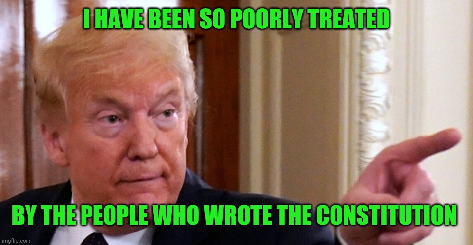 Trump pointing | I HAVE BEEN SO POORLY TREATED; BY THE PEOPLE WHO WROTE THE CONSTITUTION | image tagged in trump pointing | made w/ Imgflip meme maker