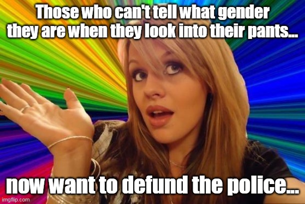 So what else is new? | Those who can't tell what gender they are when they look into their pants... now want to defund the police... | image tagged in memes,dumb blonde,defund police,gender,democrats,liberals | made w/ Imgflip meme maker