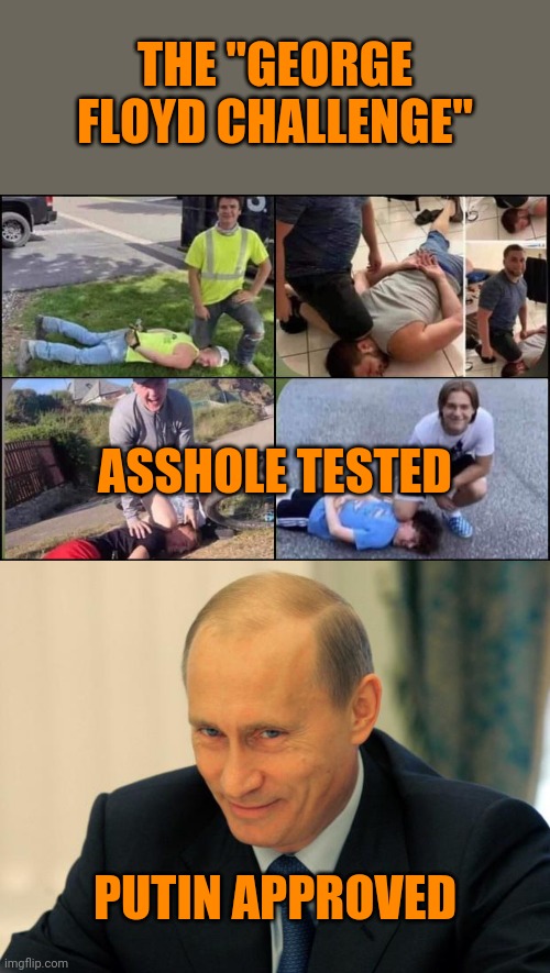 THE "GEORGE FLOYD CHALLENGE"; ASSHOLE TESTED; PUTIN APPROVED | image tagged in vladimir putin smiling,george floyd challenge | made w/ Imgflip meme maker