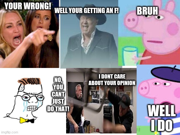 WELL YOUR GETTING AN F! YOUR WRONG! BRUH; I DONT CARE ABOUT YOUR OPINION; NO, YOU CANT JUST DO THAT! WELL I DO | image tagged in memes | made w/ Imgflip meme maker