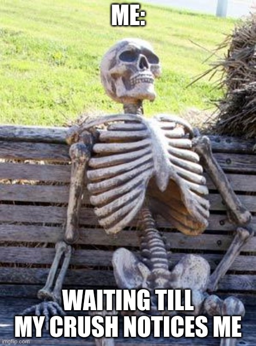 Waiting Skeleton | ME:; WAITING TILL MY CRUSH NOTICES ME | image tagged in memes,waiting skeleton | made w/ Imgflip meme maker