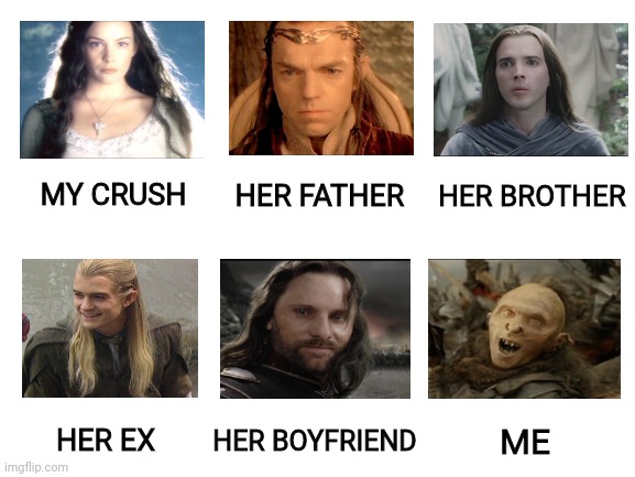 At least I'm pretty photogenic in this one! | HER FATHER; HER BROTHER; MY CRUSH; HER BOYFRIEND; HER EX; ME | image tagged in blank white template,lord of the rings,crush | made w/ Imgflip meme maker