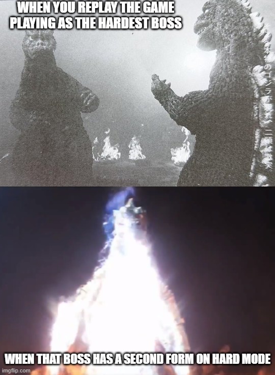 WHEN YOU REPLAY THE GAME PLAYING AS THE HARDEST BOSS; WHEN THAT BOSS HAS A SECOND FORM ON HARD MODE | image tagged in two godzillas | made w/ Imgflip meme maker