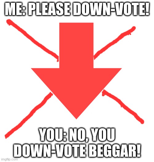 The rare down-vote beggar. (please don´t actually down-vote ;-;) | ME: PLEASE DOWN-VOTE! YOU: NO, YOU DOWN-VOTE BEGGAR! | image tagged in down-vote,i like cheese | made w/ Imgflip meme maker