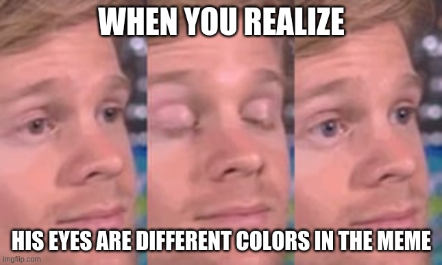 white guy blink | WHEN YOU REALIZE; HIS EYES ARE DIFFERENT COLORS IN THE MEME | image tagged in white guy blink,memes | made w/ Imgflip meme maker
