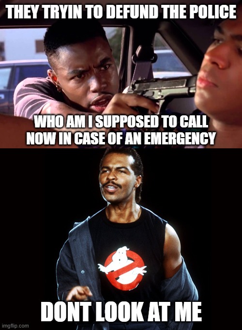 I can't help you brotha | THEY TRYIN TO DEFUND THE POLICE; WHO AM I SUPPOSED TO CALL NOW IN CASE OF AN EMERGENCY; DONT LOOK AT ME | image tagged in ghostbusters,police | made w/ Imgflip meme maker