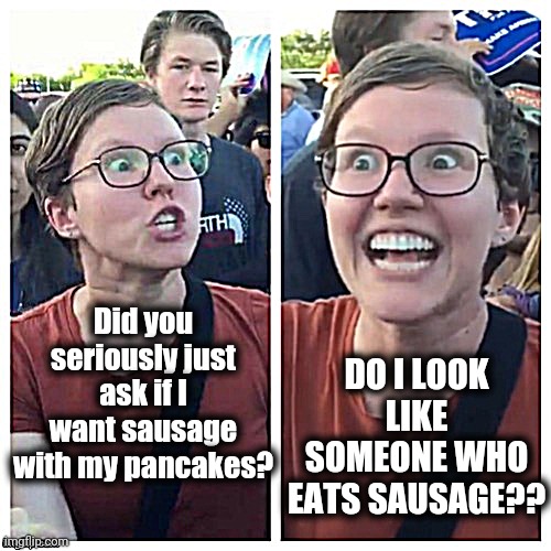 I hope you get the gist of the meme, considering she's not attracted to men! LOL | Did you seriously just ask if I want sausage with my pancakes? DO I LOOK LIKE SOMEONE WHO EATS SAUSAGE?? | image tagged in sjw hypocrisy | made w/ Imgflip meme maker