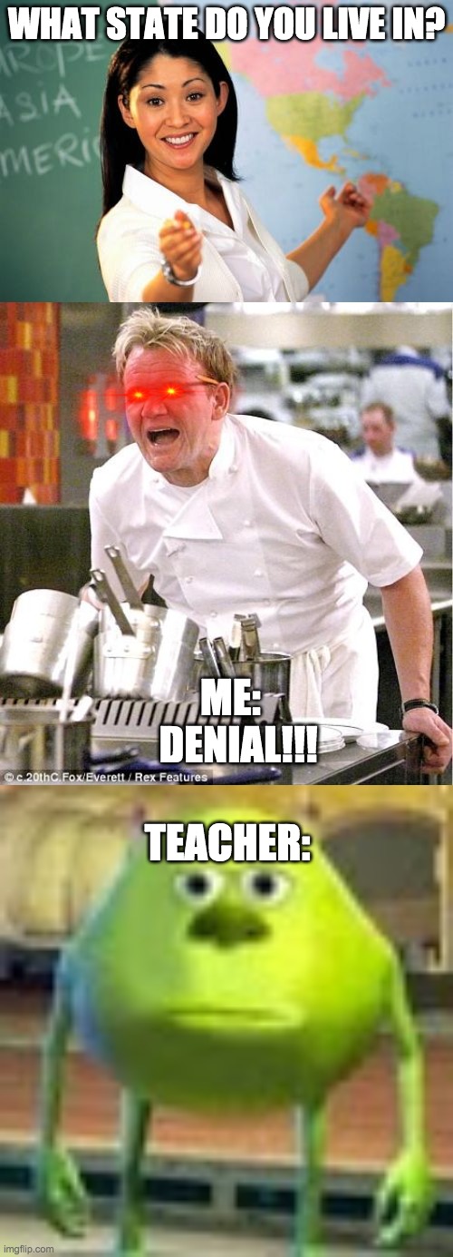 WHAT STATE DO YOU LIVE IN? ME:   DENIAL!!! TEACHER: | image tagged in memes,unhelpful high school teacher,chef gordon ramsay,sully wazowski | made w/ Imgflip meme maker