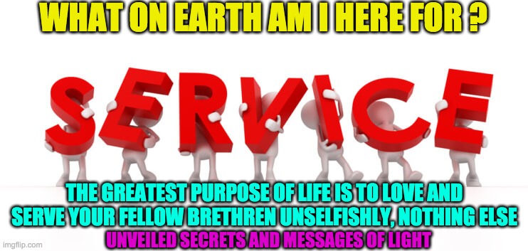 life purpose | WHAT ON EARTH AM I HERE FOR ? THE GREATEST PURPOSE OF LIFE IS TO LOVE AND SERVE YOUR FELLOW BRETHREN UNSELFISHLY, NOTHING ELSE; UNVEILED SECRETS AND MESSAGES OF LIGHT | image tagged in life purpose | made w/ Imgflip meme maker